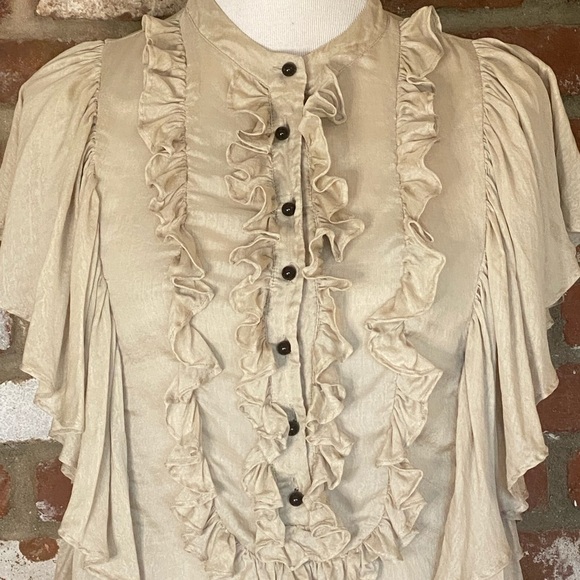 Robert Rodriguez Taupe Silk Ruffle Short Sleeve Top Size 6 - Picture 3 of 7